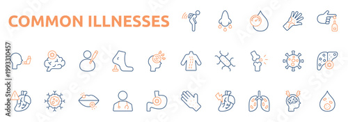 Common Illnesses icon set color outline style with backache, sinusitis, hypertension, rash, diabetes, scoliosis, e coli, osteoporosis icons