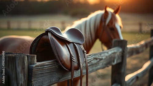 A leather saddle on a wooden fence rail next to a calm horse at sunset.