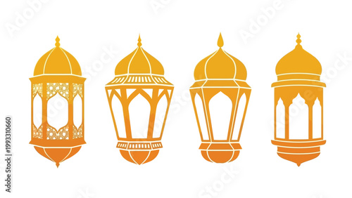 Traditional ornate lanterns with intricate designs and golden domes displayed in a row. Vector