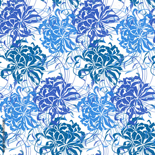 Seamless vector pattern with stylized spider lily flowers in blue palette on light background. Elegant flowing lines create airy botanical texture