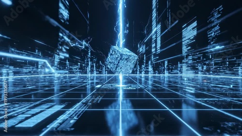 Futuristic quantum computing cube with glowing blue circuit patterns representing advanced artificial intelligence and data processing.
