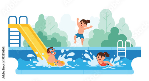 Flat style vector illustration of kids swimming in pool with splashes, summer activity and water sport concept promoting healthy and active lifestyle
