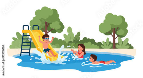 Flat style vector illustration of kids swimming in pool with splashes, summer activity and water sport concept promoting healthy and active lifestyle