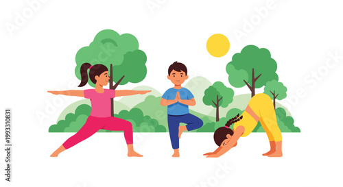 Flat style vector illustration of children practicing yoga poses together, calm fitness and wellness activity promoting balance and healthy lifestyle for kids