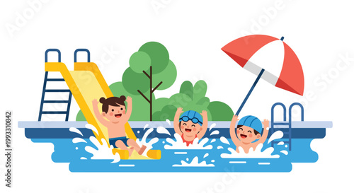 Flat style vector illustration of kids swimming in pool with splashes, summer activity and water sport concept promoting healthy and active lifestyle