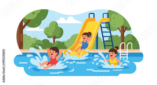Flat style vector illustration of kids swimming in pool with splashes, summer activity and water sport concept promoting healthy and active lifestyle