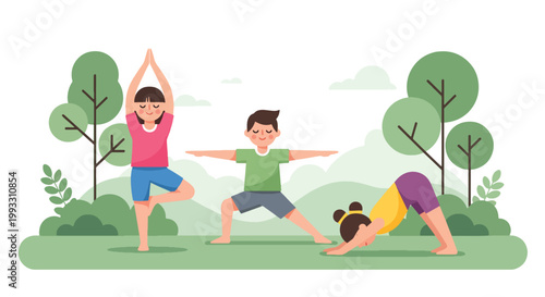 Flat style vector illustration of children practicing yoga poses together, calm fitness and wellness activity promoting balance and healthy lifestyle for kids