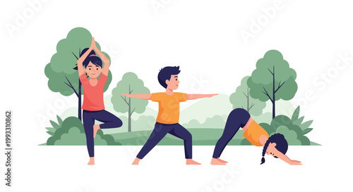 Flat style vector illustration of children practicing yoga poses together, calm fitness and wellness activity promoting balance and healthy lifestyle for kids
