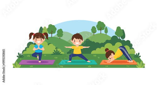 Flat style vector illustration of children practicing yoga poses together, calm fitness and wellness activity promoting balance and healthy lifestyle for kids