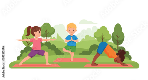 Flat style vector illustration of children practicing yoga poses together, calm fitness and wellness activity promoting balance and healthy lifestyle for kids