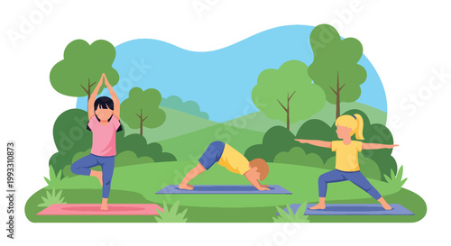 Flat style vector illustration of children practicing yoga poses together, calm fitness and wellness activity promoting balance and healthy lifestyle for kids
