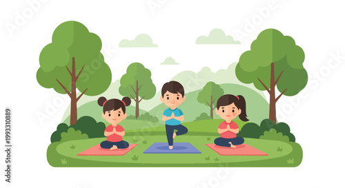 Flat style vector illustration of children practicing yoga poses together, calm fitness and wellness activity promoting balance and healthy lifestyle for kids