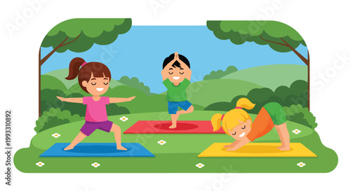 Flat style vector illustration of children practicing yoga poses together, calm fitness and wellness activity promoting balance and healthy lifestyle for kids