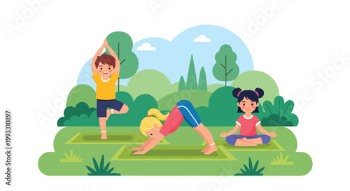 Flat style vector illustration of children practicing yoga poses together, calm fitness and wellness activity promoting balance and healthy lifestyle for kids