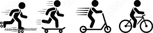 Dynamic black icons showcasing different forms of rapid personal transport such as rollerblading, skateboarding, scootering, and cycling