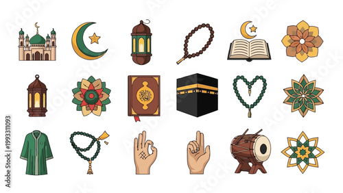 Iconic symbols and items representing islamic culture and spirituality Vector