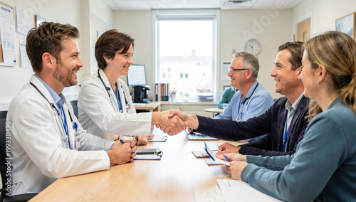 A group of doctors engaging in conversation and handshakes during an office meeting.