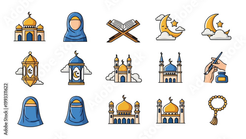 Collection of islamic symbols and architectural elements illustrated in colorful icons Vector