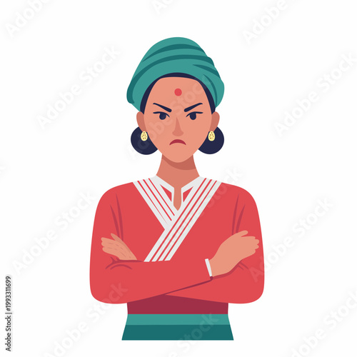 Angry woman with arms crossed, wearing traditional Indian attire