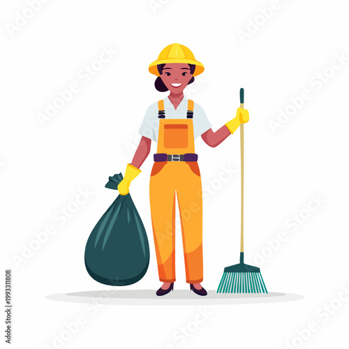 Woman Cleaner with Broom and Trash Bag