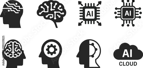 Eight minimalist icons illustrating artificial intelligence concepts including smart brains and processor units