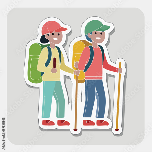 Two Hikers with Backpacks and Trekking Poles