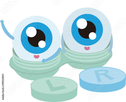 Cute Eye Characters in Contact Lens Case for Daily Vision Correction and Lens Care Concept