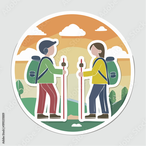 Two Hikers with Backpacks and Trekking Poles at Sunset