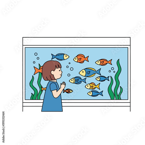 Girl looking at colorful fish aquarium.