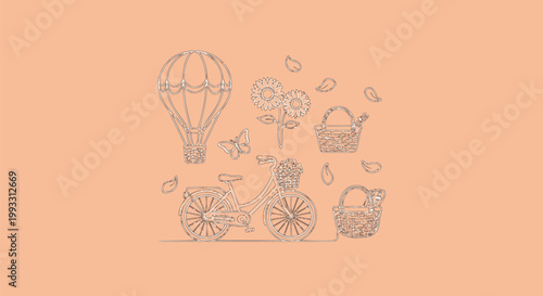 Vintage travel icons, hot air balloon, floral illustrations, vector graphics, 10 elements