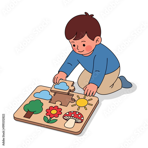 Toddler playing with wooden puzzle pieces.