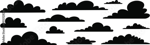 Eleven distinct black cloud silhouettes floating across a plain white sky background for your projects