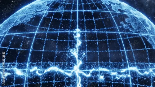 Digital blue globe representing global connectivity and high speed data network in space.