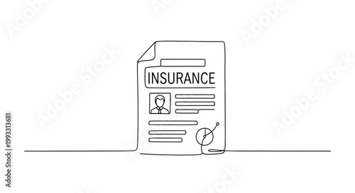 Insurance policy document with personal information and signature icon, single line drawing.