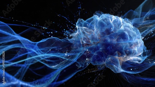 Mind's eye: An artistic representation of the human brain, illuminated by vibrant blue energy streams, showcasing the intricate workings of thought and consciousness.