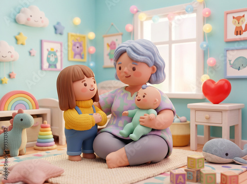 Grandma with child and baby doll indoors