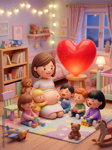 Pregnant woman with children in playroom setting