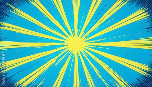 Radiant burst of light with vibrant pixelated rays in teal and yellow