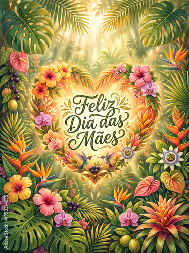 Happy mothers card with tropical flowers heart