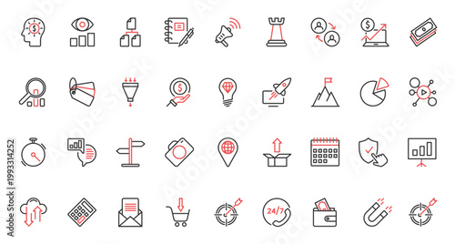 Business management, digital marketing, social media strategy red black thin line icons set vector illustration. Business technology esearch market, target information advertising campaign product