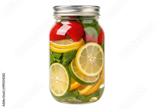 Glass jar filled with pickled vegetables and lemon slices