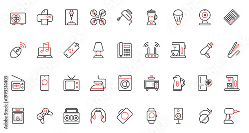 Kitchen appliances and electric household equipment trendy red black thin line icons set vector illustration. Microwave oven, mixer home coffee machine cooking food, hairdryer air conditioner