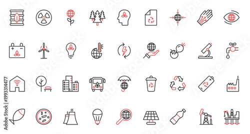 Environment protection and eco startup technology, recycle plant, research with microscope, global warming and urbanization. Red black thin line energy and ecology trendy icons set vector illustration