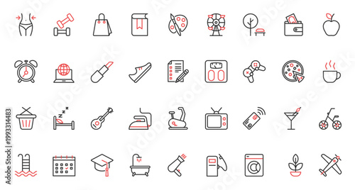 Planner trendy red black thin line icons set vector illustration. Calendar mobile app symbols of healthy leisure, fitness workout in gym, diet control of health and weight, coffee break and payment.
