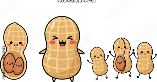 Adorable Peanut Characters with Fun Expressions and "Recommended for You" Label for Snack and Food Product Marketing Designs.