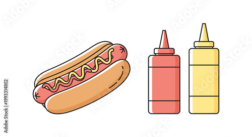Hot dog with ketchup and mustard.