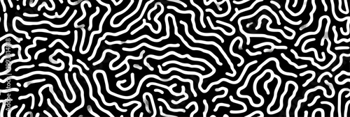 Abstract reaction-diffusion pattern creating organic lines texture. Seamless black and white pattern featuring winding white lines on a dark background