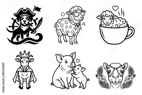 Fantasy farm animals with pirate cat lion and loving pigs