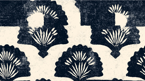 Japanese katazome style abstract block print pattern. Japanese katazome style block print pattern in navy on textured off-white background