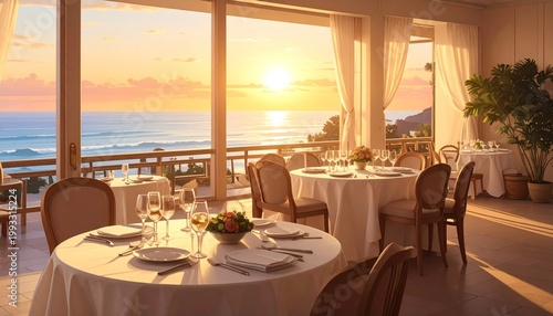 Elegant seaside restaurant with sunset view, tables set with flowers, and a warm, inviting ambiance